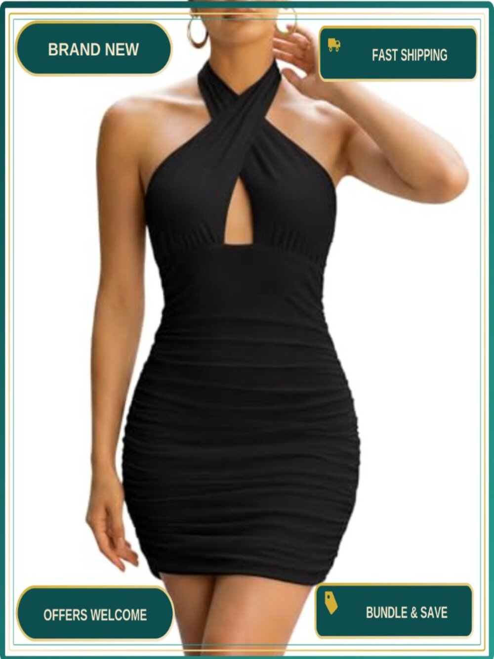 Sexy Halter Backless Bodycon Mini Dress Ruched Criss Cross Sleeveless Party